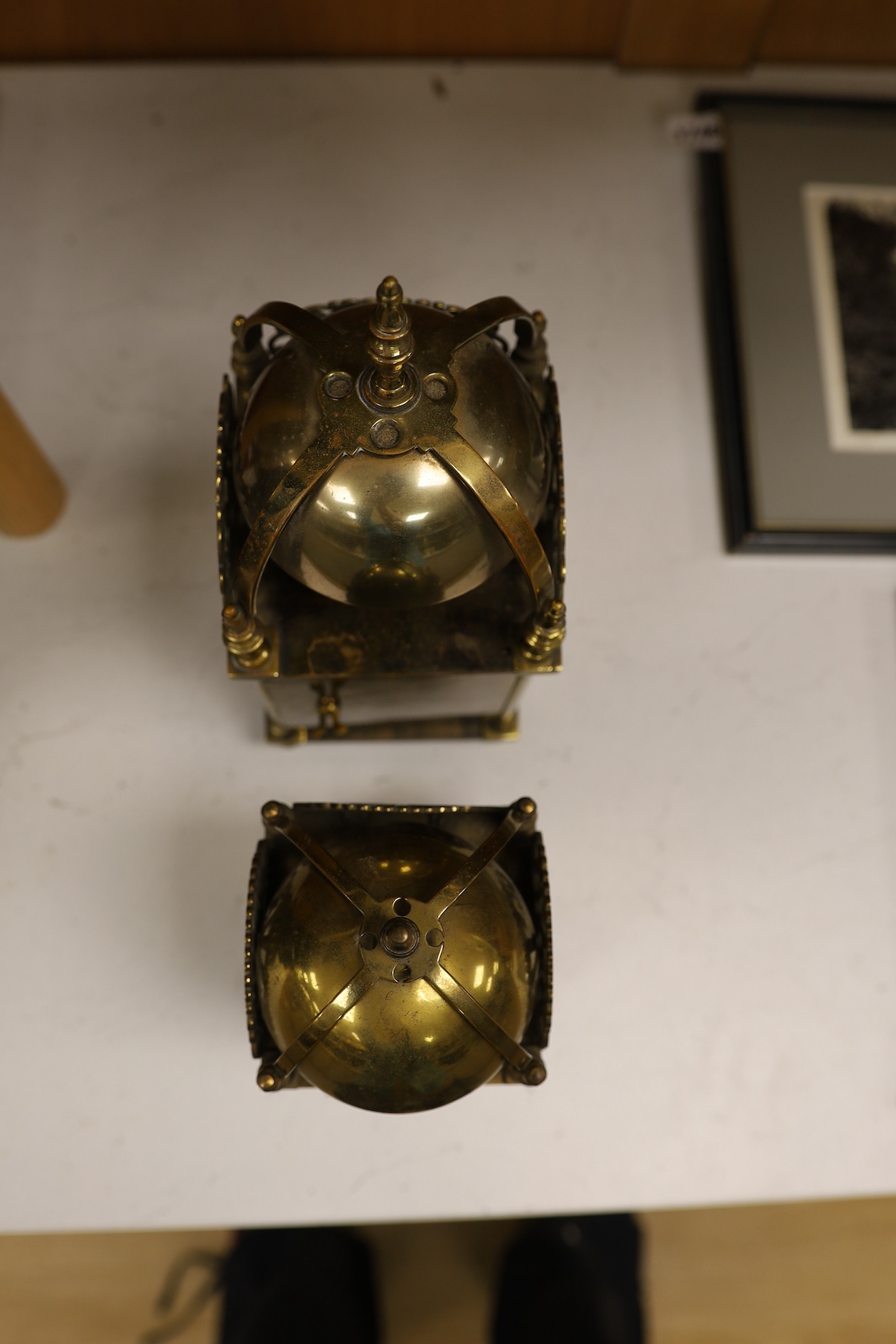 Two brass lantern clocks with 20th century escapement units, tallest 30cm high. Condition - fair